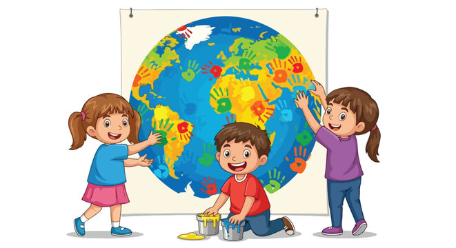Three happy children paint colorful handprints on a large banner featuring the Earth, with paint buckets nearby.