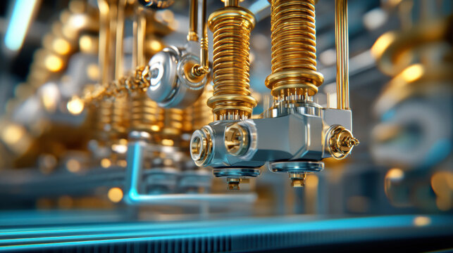 Quantum computer dilution refrigerator with gold and silver metal components in high tech laboratory environment glowing softly