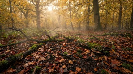 Autumn Forest Floor with Sunlight and Mist