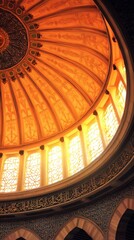 Naklejka premium Ornate domed interior bathed in amber light, intricate arches, decorative patterns framing luminous windows.!!