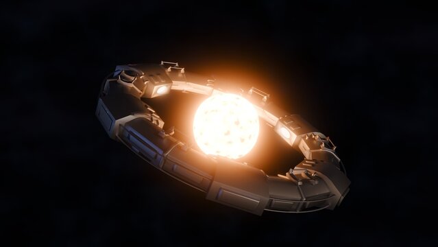 a 3d rendering of sci-fi structure, reminiscent of a Dyson Ring or a von Braun-style space station, centered around a glowing celestial or artificial energy source.