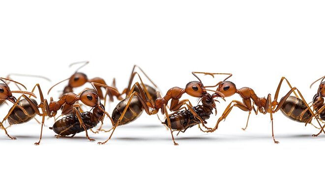 Diligent red ants showcasing remarkable teamwork, cooperatively transporting a sizable insect across a clean white surface, demonstrating the power of collective effort and unity