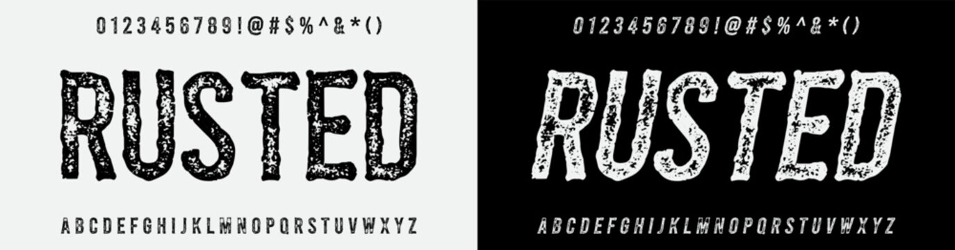 Rusted font corroded metal texture display typeface for vintage industrial labels and rustic badge design