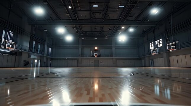 An empty indoor sports arena lit by multiple overhead lights, hardwood floor reflecting the light. There are multiple hoops
