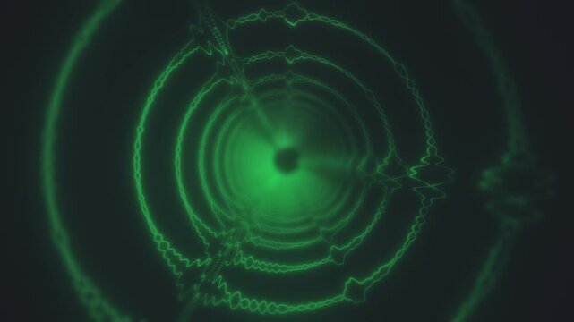 Neon green sound waves spiraling in the dark