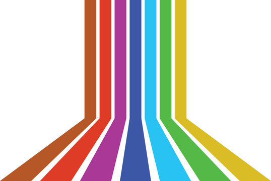 Symmetrical rainbow-colored vertical lines converging toward bottom center, abstract geometric perspective design with vibrant motion effect