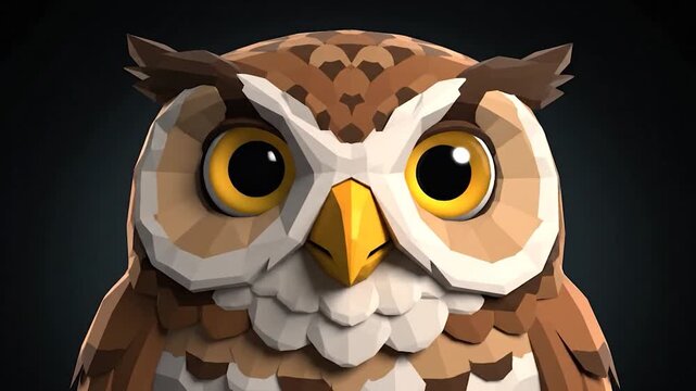 A polygonal owl with large yellow eyes and geometric shapes against a dark backdrop