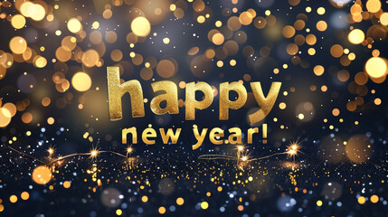 Festive Happy New Year background featuring glittering golden typography with sparkling lights and bokeh effects on a dark blue backdrop