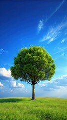Obraz premium A solitary tree stands tall in a serene meadow, basking in the warmth of a radiant blue sky on a tranquil summer day