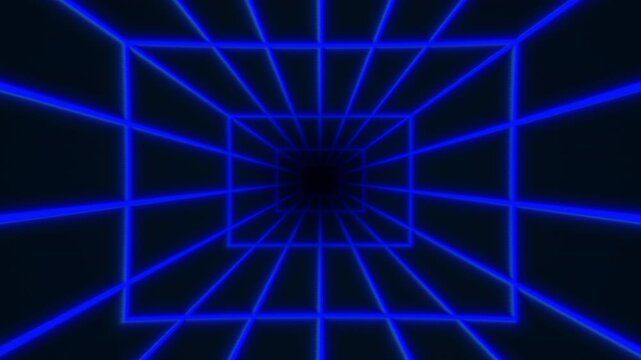 A vibrant blue wireframe tunnel with geometric lines creating a sense of depth and motion, ideal for digital designs and backgrounds.