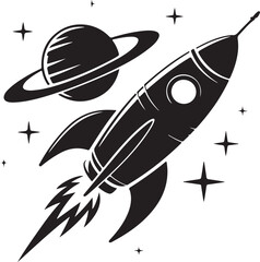 Space Scene Silhouette &ndash; Rocket and Planet Vector Black on White