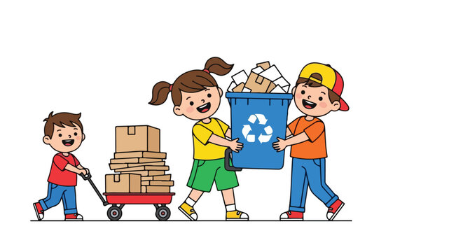 Three cheerful children actively participate in recycling, with one boy pulling a wagon full of cardboard boxes and two others holding a bin overflowing with paper.