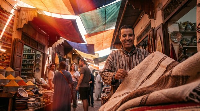 Happy Moroccan merchant showing a traditional handmade carpet in a sunny local market