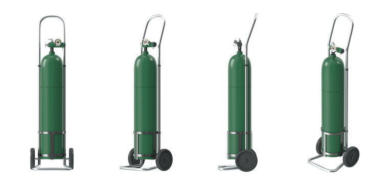 Green medical oxygen cylinder on a cart with wheels, shown from multiple angles