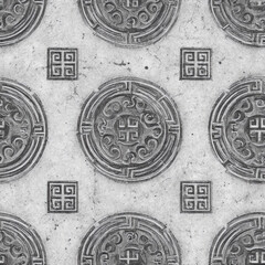 chinese-style pattern, silver-gray stone texture background, surrounded by ancient chinese patterns of the four left and right circular symbols,