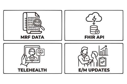 Healthcare Technology & Data Mandates 4 Vector Set MRF FHIR Telehealth E/M Icons