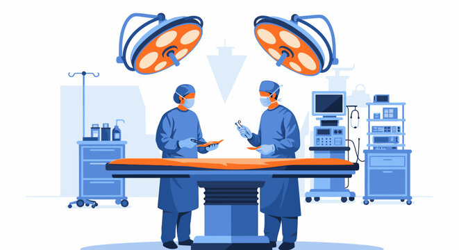 Two dedicated surgeons meticulously prepare for a critical medical procedure within a sterile operating room, highlighting professional healthcare and modern surgical practices.