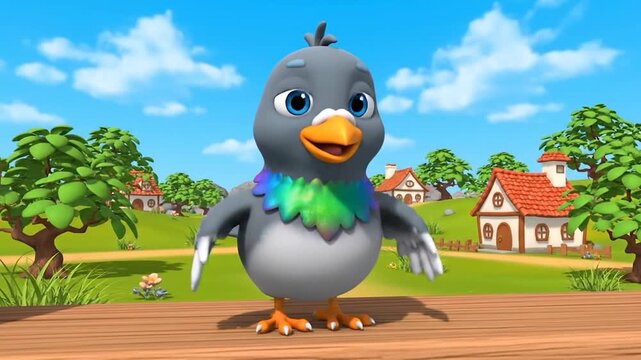 Cartoon pigeon with a colorful neck stands on a wooden platform against a scenic background