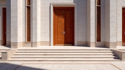 Fototapeta premium A light stone facade with a central wooden door, flanked by tall narrow windows and stone steps. Quiet lines!!