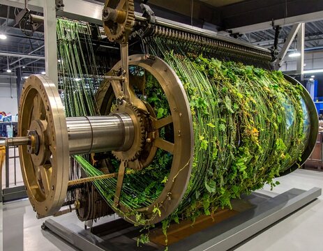 Surreal industrial loom weaving fiber-optic cables and vines into a forest tapestry. A conceptual metaphor for green technology, biomimicry, and sustainable innovation.