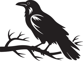Obraz premium Raven on Branch Silhouette – Bird Vector Black on White