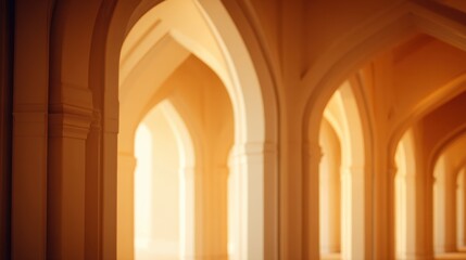 A warm, arched corridor with column arches bathed in golden light, creating repeating shadows and depth. Glow
