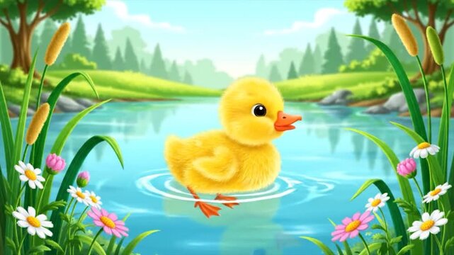 Cute cartoon duckling swims in a pond surrounded by flowers and green landscape
