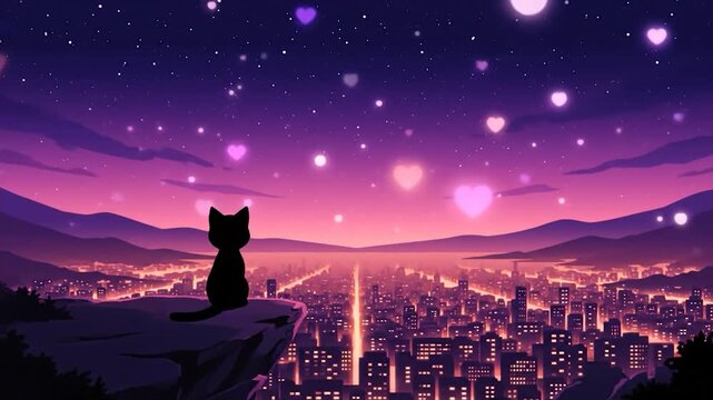 Silhouette of a cat overlooks a city at dusk, with heart-shaped lights and starry sky
