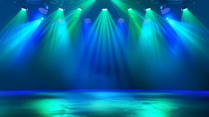 Empty stage with blue and green spotlights shining down on a glowing floor. Dramatic theater lighting setup with beams and haze, creating a vibrant performance atmosphere.