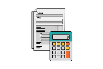 Flat Line Vector Illustration of 1040 Tax Form and Calculator for Financial Accounting Concepts