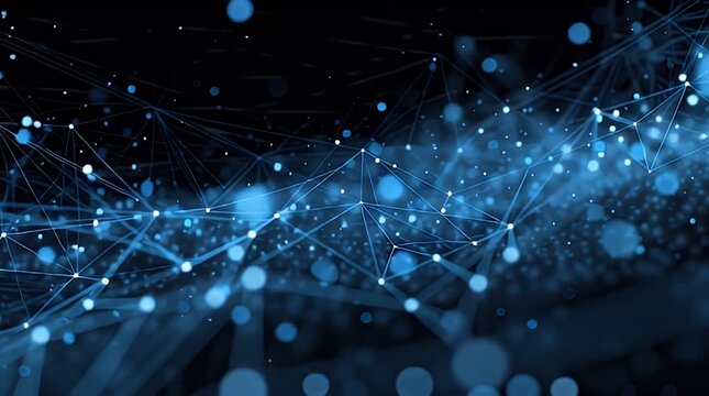 A dark blue image with a network of connected dots, some glowing, against a black background. Suggests data flow or a complex system