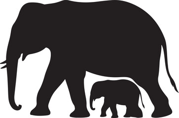 Elephant Family Silhouette – Elephant Mother and Calf Vector Black on White © FATEMA BEGUM