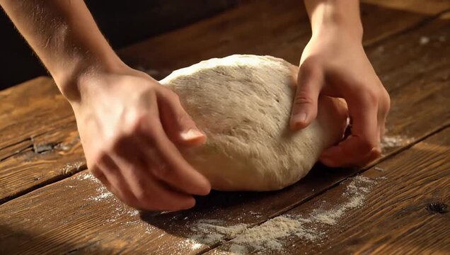 Close-up of hands kneading dough on a rustic wooden table with flour, preparing homemade bread or pastry.