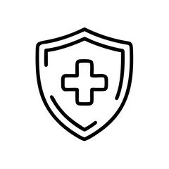 Obraz premium Minimal medical shield icon with a cross in the center, thin stroke line art, flat vector