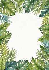 Tropical foliage frame design element with lush green watercolor painting illustration