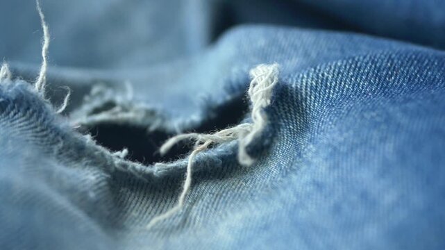 Close up of distressed denim fabric with torn holes and frayed threads in slow motion