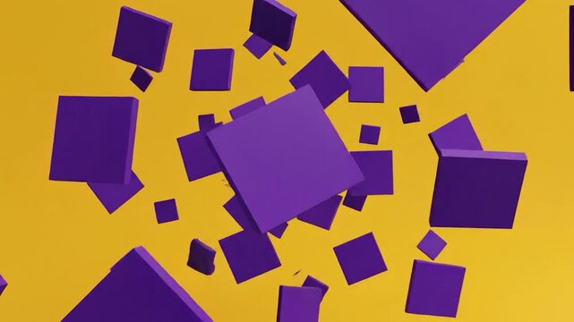 Abstract animation of purple cubes floating on a yellow background.