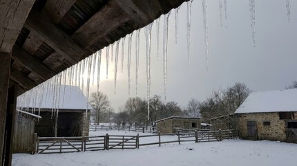 Dripping Icicles Hang From Rustic Barn Eaves