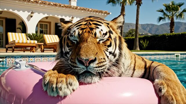 Bengal Tiger Relaxing in Swimming Pool on Pink Inflatable Ring