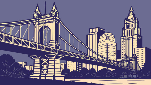 Cincinnati skyline with roebling bridge and cityscape is suitable for travel guides, city promotions, architecture showcases, and editorial uses.