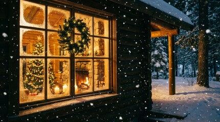 Cozy Winter Cabin Window with Christmas Wreath and Snowfall