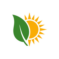 Obraz premium A green leaf partially covers a bright yellow sun with radiating rays, symbolizing nature, growth, and renewable energy.
