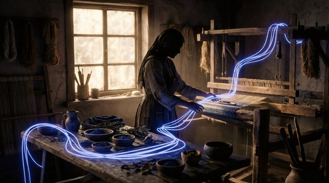 Artisan woman at a loom with magical glowing blue neon threads for traditional craft innovation concept