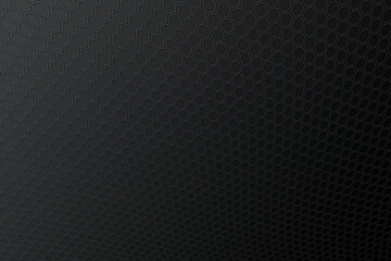 マットな黒色グラデーション背景に湾曲した立体的に浮かぶハニカムグリッド構造柄テクスチャー
