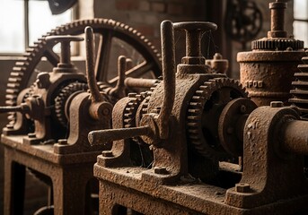 Weathered iron machinery showcases industrial history and mechanical complexity  through aging textures and a