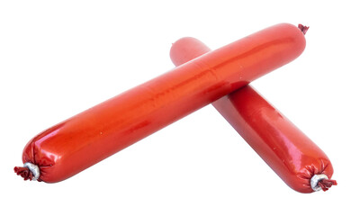 two sausages in separate packaging on a white background