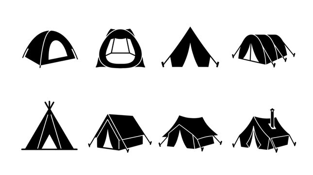 camping tent , black vector icon set collection , white background , SVG and PNG