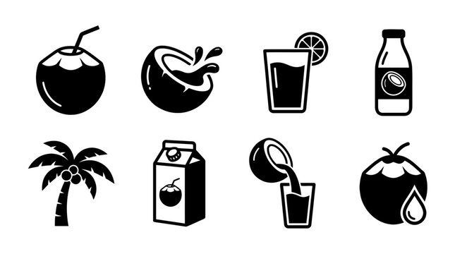 coconut water , black vector icon set collection , white background , SVG and PNG