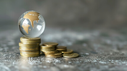 Stacked coins and various cryptocurrencies placed beside a glass globe on a reflective surface. Concept of global finance, digital currency, investment growth, and international economic markets
