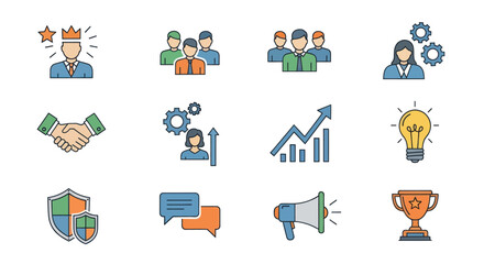 Modern Business Teamwork Success and Marketing Line Icons Set.